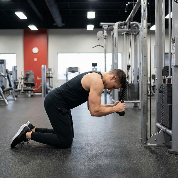 Crunch polea alta hincado con restricción de rango de movimiento Crunch polea alta hincado con restricción de rango de movimiento