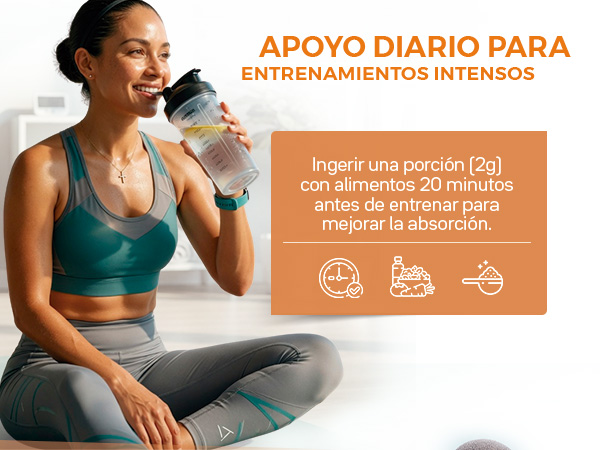 Ingerir una porción (2g) con alimentos 20 minutos antes de entrenar para mejorar la absorción