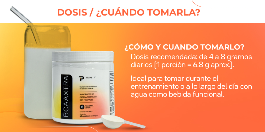 Dosis recomendada: de 4 a 8 gramos diarios [1 porción = 6.8 g aprox.). Ideal para tomar durante el entrenamiento o a lo largo del día con agua como bebida funcional.