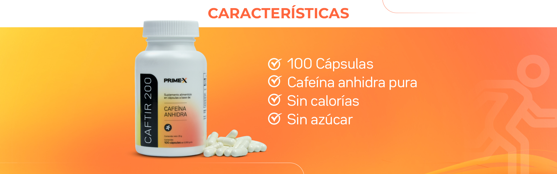 100 Cápsulas, cafeína anhidra pura, sin calorías, sin azúcar