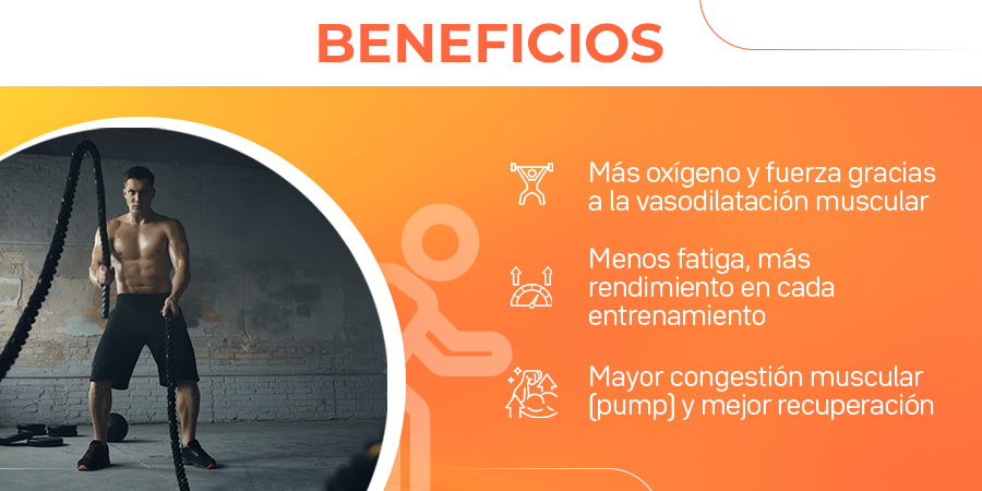 Más oxígeno y fuerza gracias a la vasodilatación muscular. Menos fatiga, más rendimiento en cada entrenamiento. Mayor congestión muscular (pump) y mejor recuperación