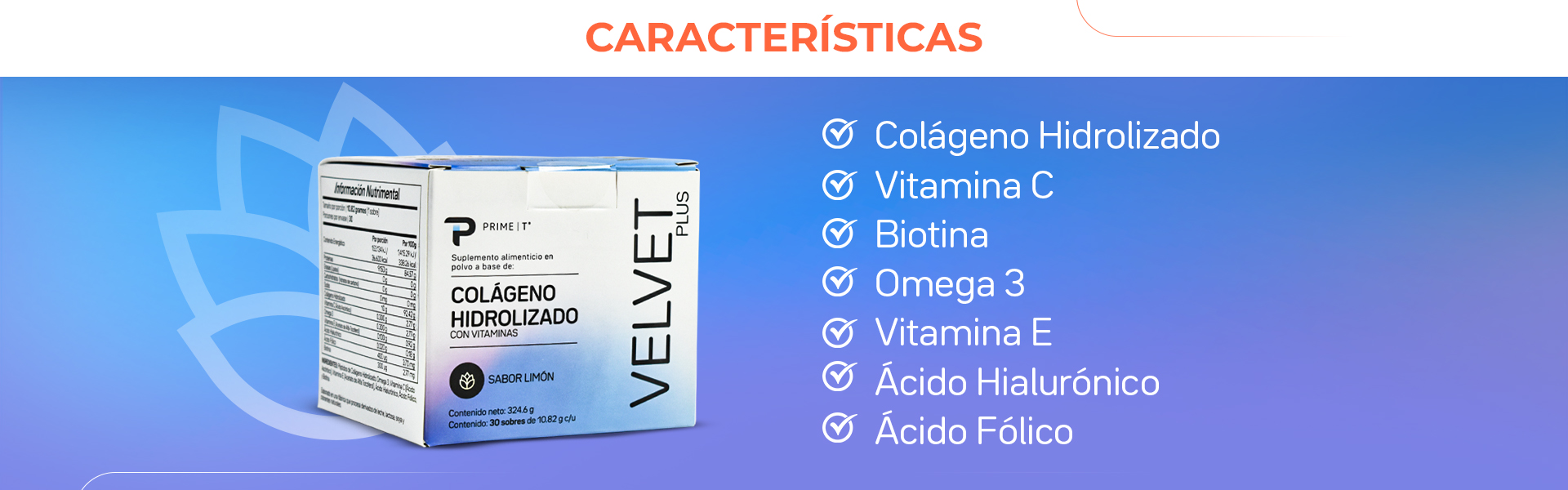 Colágeno Hidrolizado, Vitamina C, Biotina, Omega 3, Vitamina E, Ácido Hialurónico, Ácido Fólico