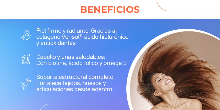 Piel firme y radiante: Gracias al colágeno Verisol@, ácido hialurónico y antioxidantes. Cabello y uñas saludables: Con biotina, ácido fólico y omega 3. Soporte estructural completo: Fortalece tejidos, huesos y articulaciones desde adentro