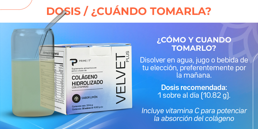 Disolver en agua, jugo o bebida de tu elección, preferentemente por la mañana. Dosis recomendada: 1 sobre al día [10.82 g). Incluye vitamna C para potenciar la absorción del colágeno.