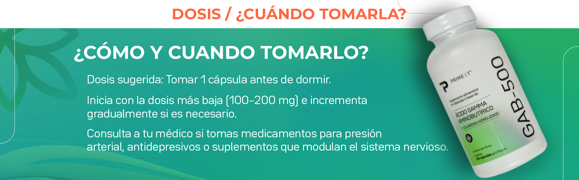 Dosis sugerida: Tomar 1 cápsula antes de dormir. Inicia con la dosis más baja (100-200 mg) e incrementa gradualmente si es necesario. Consulta a tu médico si tomas medicamentos para presión arterial, antidepresivos o suplementos que modulan el sistema nervioso.