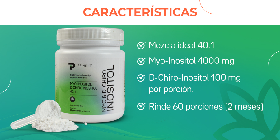 Mezcla ideal 40:1, Myo-lnositol 4000 mg, D-Chiro-lnositol 100 mg por porción, Rinde 60 porciones (2 meses)