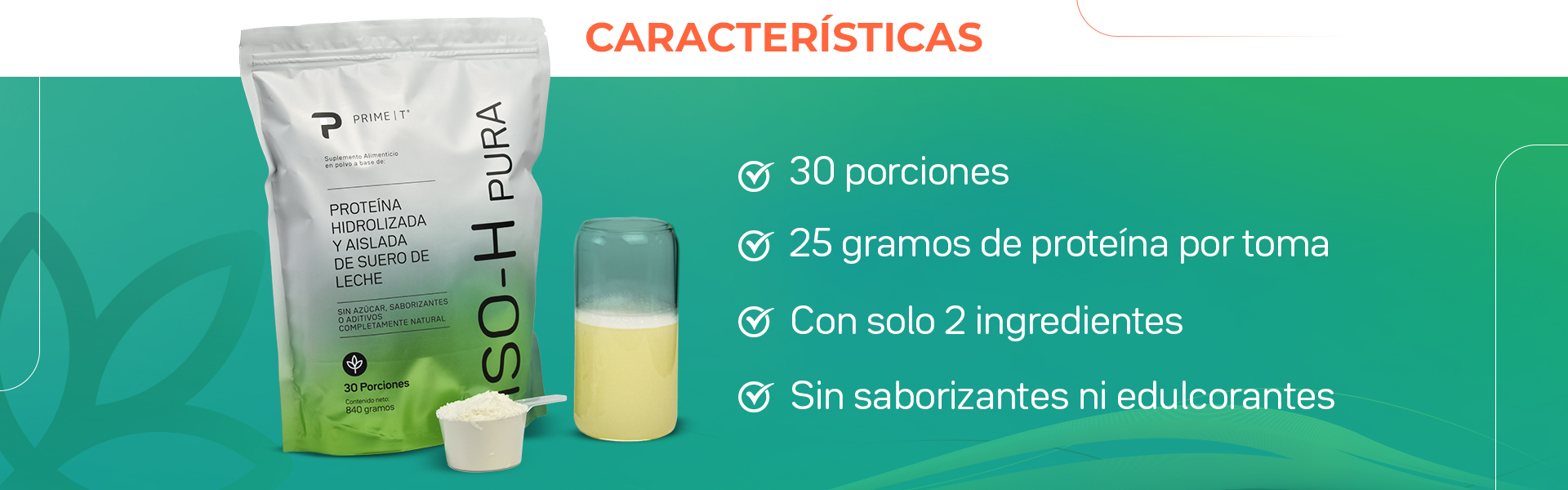 30 porciones. 25 gramos de proteína por toma. Con solo 2 ingredientes. Sin saborizantes ni edulcorantes.