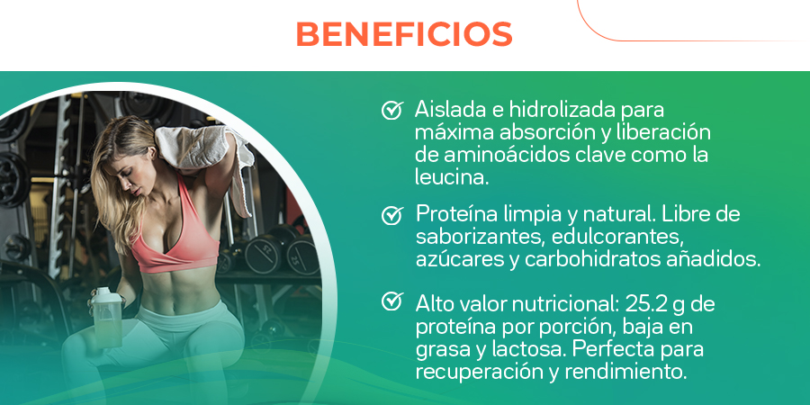 Aislada e hidrolizada para máxima absorción y liberación de aminoácidos clave como la leucina. Proteína limpia y natural. Libre de saborizantes, edulcorantes, azúcares y carbohidratcs añadidos. Alto valor nutricional: 25.2 g de proteína por porción, baia en grasa y lactosa. Perfecta para recuperación y rendimiento.