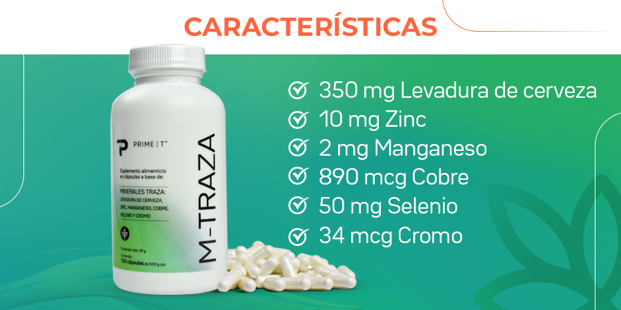 350 mg Levadura de cerveza. 10 mg Zinc. 2 mg Manganeso. 890 mcg Cobre. 50 mg Selenio. 34 mcg Cromo