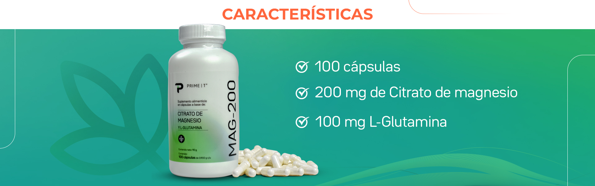 100 cápsulas, 200 mg de Citrato de magnesio, 100 mg L-Glutamina