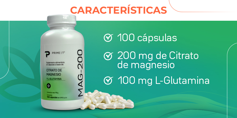 100 cápsulas, 200 mg de Citrato de magnesio, 100 mg L-Glutamina
