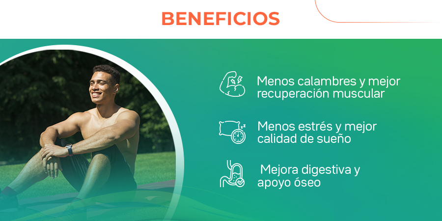 Menos calambres y mejor recuperación muscular, menos estrés y mejor calidad de sueño, mejora digestiva y apoyo óseo