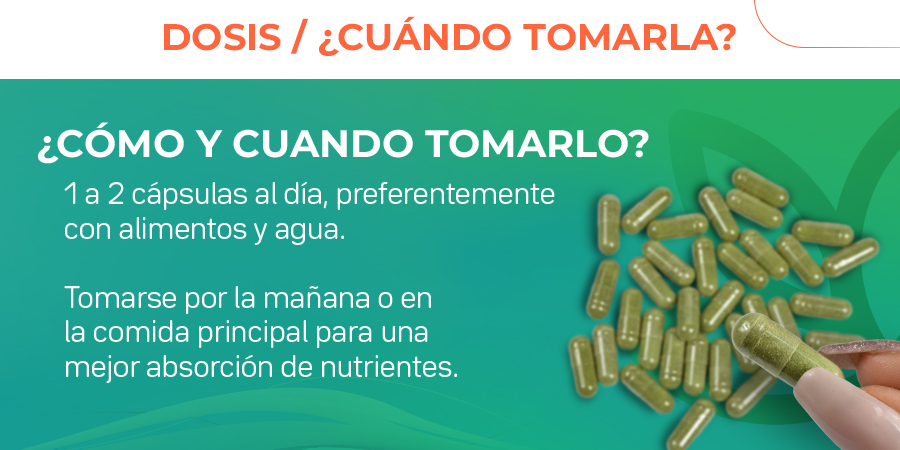 1 a 2 cápsulas al día, preferentemente con alimentos y agua. Tomarse por la mañana o en la comida principal para una mejor absorción de nutrientes.
