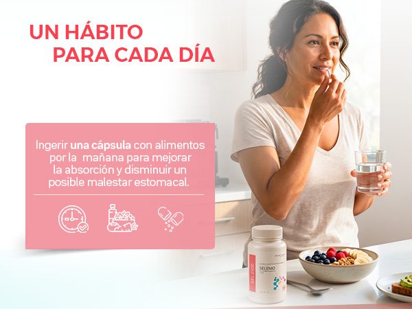 Ingerir una cápsula con alimentos por la mañana para mejorar la absorción y disminuir un posible malestar estomacal.