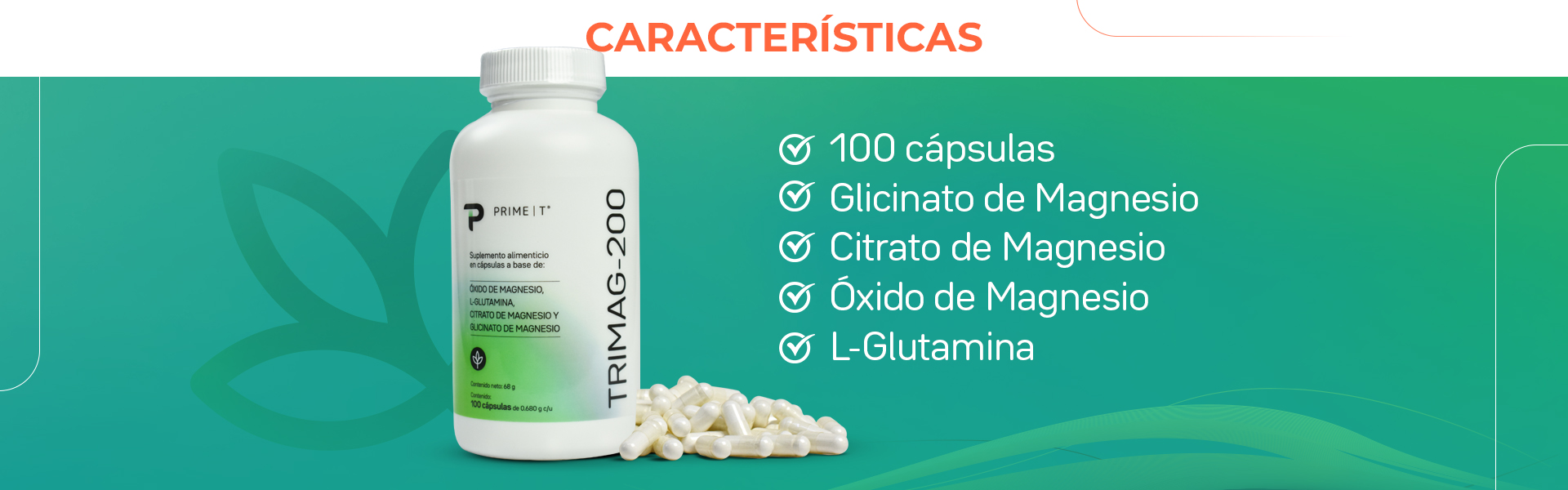 100 cápsulas. Glicinato de Magnesio. Citrato de Magnesio. Óxido de Magnesio. L-Glutamina