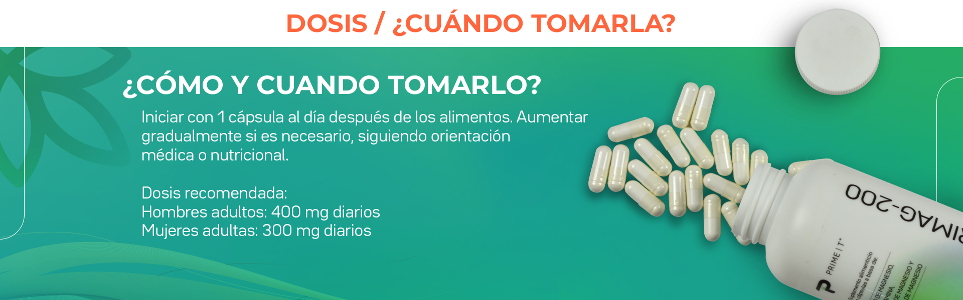 Iniciar con 1 cápsula al día después de los alimentos. Aumentar gradualmente si es necesario, siguiendo orientación medica o nutricional. Dosis recomendada: Hombres adultos: 400 mg diarios; Mujeres adultas: 300 mg diarics