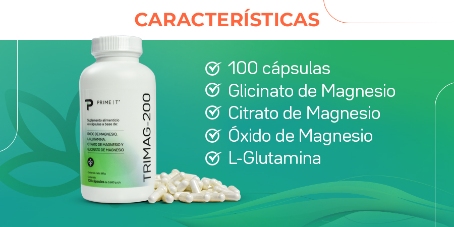 100 cápsulas. Glicinato de Magnesio. Citrato de Magnesio. Óxido de Magnesio. L-Glutamina