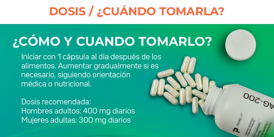 Iniciar con 1 cápsula al día después de los alimentos. Aumentar gradualmente si es necesario, siguiendo orientación medica o nutricional. Dosis recomendada: Hombres adultos: 400 mg diarios; Mujeres adultas: 300 mg diarics