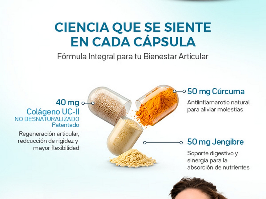 40 mg de Colágeno no desnaturalizado: Patentado, Regeneración articular, redcucción de rigidez y mayor flexibilidad | 50 mg Cúrcuma: Antiinflamarotio natural para aliviar molestias | 50 mg Jengibre: Soporte digestivo y sinergia para la absorción de nutrientes