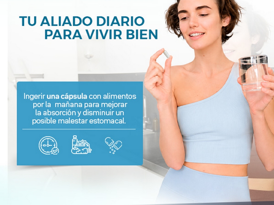 Ingerir una cápsula con alimentos por la mañana para mejorar la absorción y disminuir un posible malestar estomacal