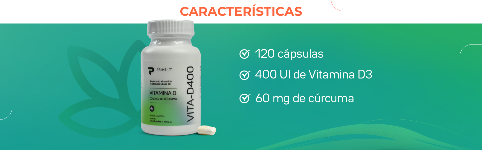 120 cápsulas. 400 CII de Vitamina D3. 60 mg de cúrcuma.