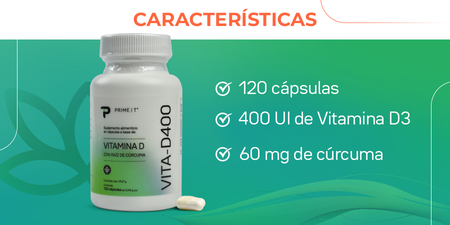 120 cápsulas. 400 CII de Vitamina D3. 60 mg de cúrcuma.