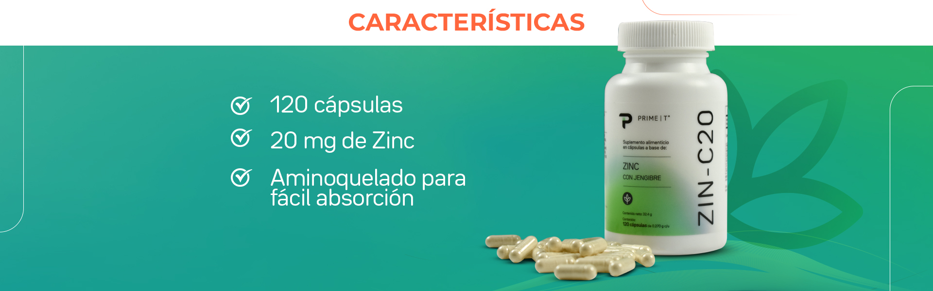 120 cápsulas. 20 mg de Zinc. Aminoquelado para fácil absorción.