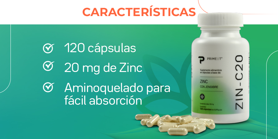 120 cápsulas. 20 mg de Zinc. Aminoquelado para fácil absorción.