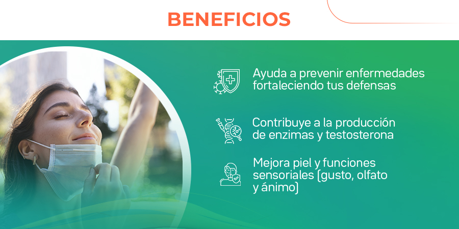 Ayuda a prevenir enfermedades fortaleciendo tus defensas. Contribuye a la producción do enzimas y toctoctcrona. Mejora piel y funciones sensoriales (gusto, olfato y ánimo)